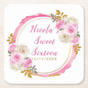 Helder Roze en Gouden Elegante Bloemen Sweet Sixte Kartonnen Onderzetters