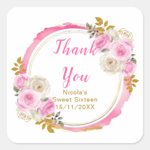 Helder roze en gouden elegante bloemen Sweet Sixte Vierkante Sticker