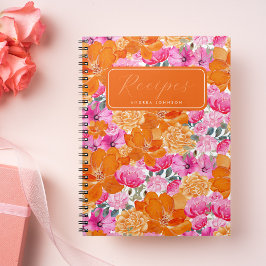 Helder roze en oranje bloemige bruiloftsrecepties notitieboek