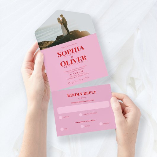 Helder roze en rode foto bruiloft all in one uitnodiging