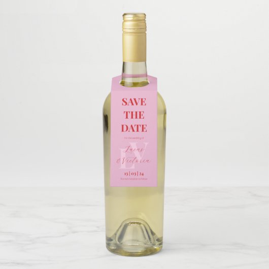 Helder Roze en Rood Initiaal Wedding Save The Date Flessenhanger (Op fles)