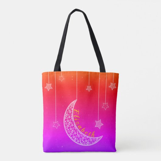 Helder roze en rood met sterren en maan tote bag (Achterkant)