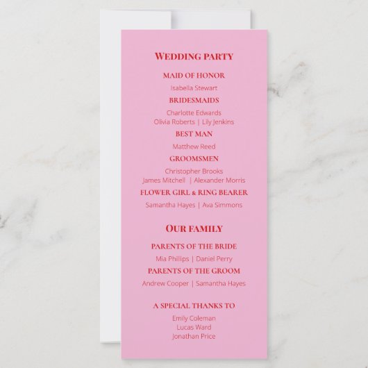 Helder roze en rood minimalistisch huwelijksprogra (Achterkant)