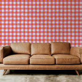 Helder Roze en Sinaasappel Rood Geruite Plaid Behang