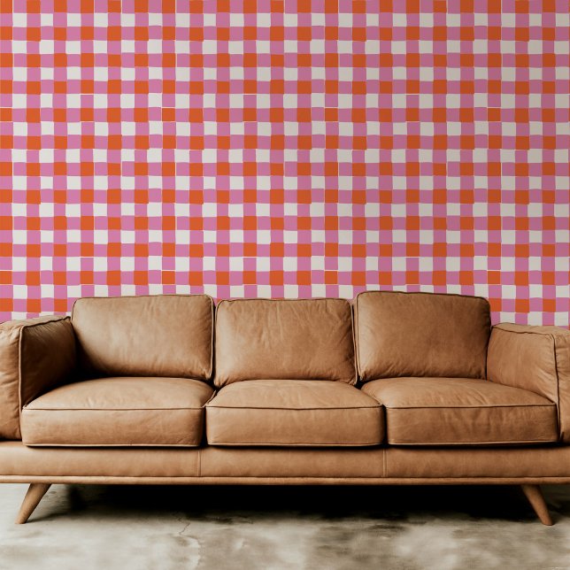 Helder Roze en Sinaasappel Rood Geruite Plaid Behang (Bright pink and orange red hand-drawn checkered plaid peel and stick wallpaper.)
