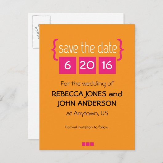 Helder roze en sinaasappel Save the Date briefkaar Aankondigingskaart (Voorkant / Achterkant)
