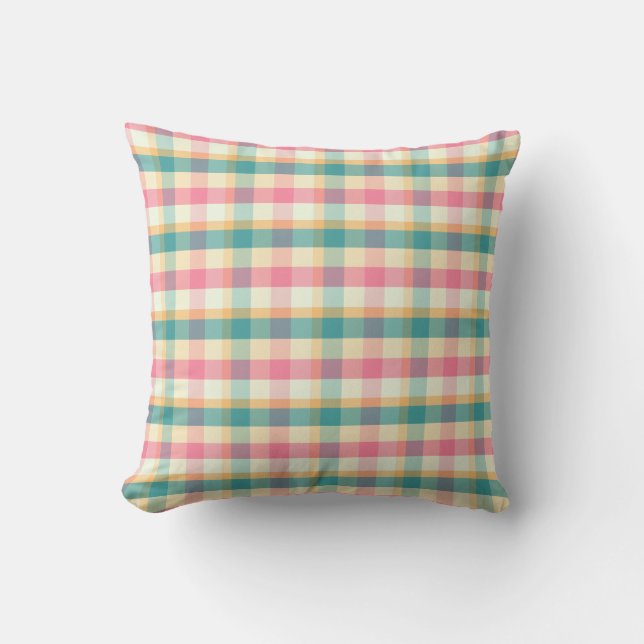 Helder roze en turquoise ruitpatroon kussen (Voorkant)