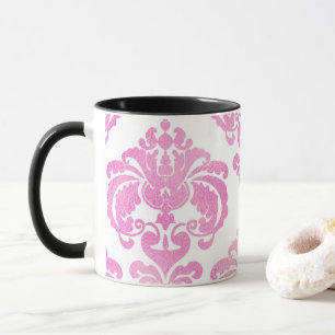 Helder roze en witte elegante chique damastpatroon mok