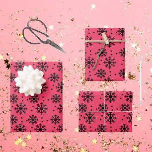 Helder Roze en Zwart Sneeuwvlok Patroon Kerstmis Inpakpapier Vel