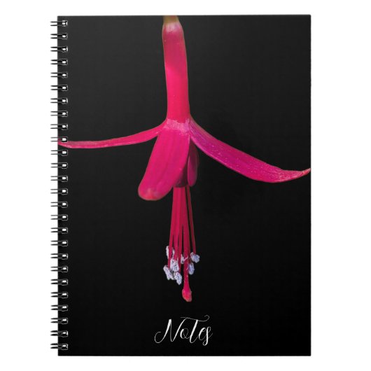 Helder Roze Fuchsia Bloem op Zwart Notitieboek (Voorkant)