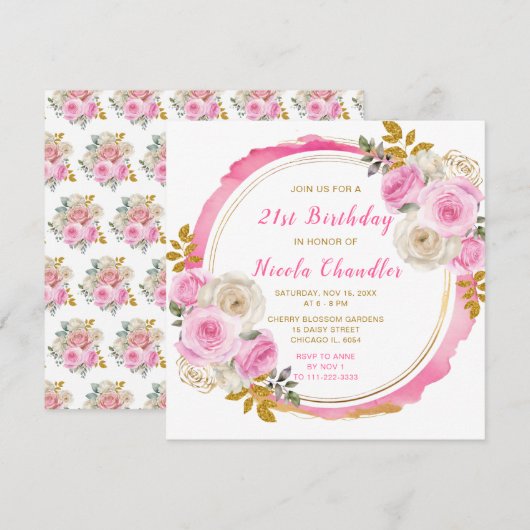 Helder Roze Goud Elegante Bloemen Verjaardagsfeest Kaart (Voorkant / Achterkant)