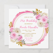Helder Roze Goud Elegante Bloemen Verjaardagsfeest Kaart (Voorkant)