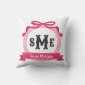 Helder Roze Griekse Sleutel Strik Monogram Kussen (Achterkant)