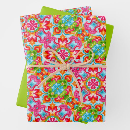 Helder roze, groen, blauw, Sinaasappel en wit patr Inpakpapier Vel (In situ)