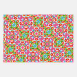 Helder roze, groen, blauw, Sinaasappel en wit patr Inpakpapier Vel