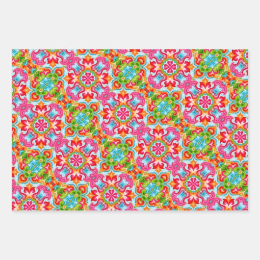 Helder roze, groen, blauw, Sinaasappel en wit patr Inpakpapier Vel (Voorkant)