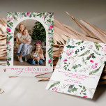 Helder roze & groen boog foto Vrolijk Kerstfeest Feestdagenkaart<br><div class="desc">Dit collectie is voorzien van waterverf felroze bloemblaadjes,  bessen & wintergroen met een moderne en elegante typografie,  met een winterbotanische patroonrug.</div>