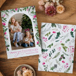 Helder roze & groen boog vrolijke kerst foto feestdagenkaart<br><div class="desc">Dit collectie is voorzien van waterverf felroze bloemblaadjes,  bessen & wintergroen met een moderne en elegante typografie,  met een winterbotanische patroonrug.</div>