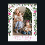 Helder roze groen gebladerte boog 1 foto vakantie briefkaart<br><div class="desc">Dit collectie is voorzien van waterverf felroze bloemblaadjes,  bessen en wintergroen met een moderne en elegante typografie.</div>