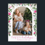 Helder roze groen gebladerte boog 1 foto vakantie briefkaart<br><div class="desc">Dit collectie is voorzien van waterverf felroze bloemblaadjes,  bessen en wintergroen met een moderne en elegante typografie.</div>