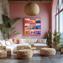 Helder Roze Ingelijste Desert Art Grid – Kleurrijk Perfect Poster