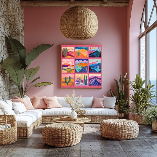 Helder Roze Ingelijste Desert Art Grid – Kleurrijk Perfect Poster