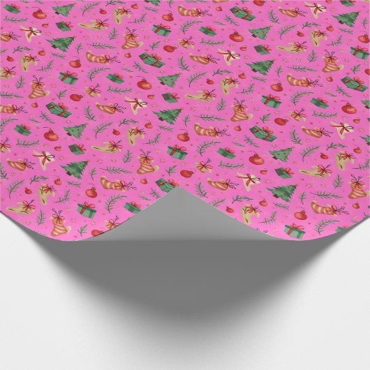 Helder roze kerstinpakpapier - Fun and Fes Cadeaupapier (Hoek)