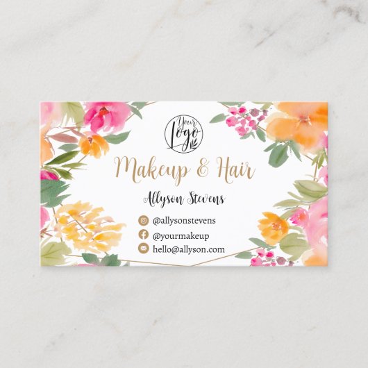 Helder roze kleurrijke Floral gouden make-up Haar Visitekaartje (Voorkant)