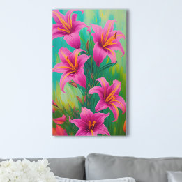 Helder roze lelies op groene digitale olieverfschi canvas afdruk