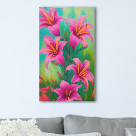 Helder roze lelies op groene digitale olieverfschi canvas afdruk