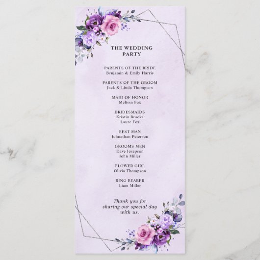 Helder roze Lila Paarse tinten bloemen bruiloft Programmakaart (Achterkant)