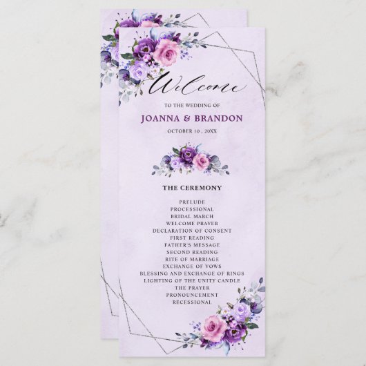 Helder roze Lila Paarse tinten bloemen bruiloft Programmakaart (Voorkant / Achterkant)