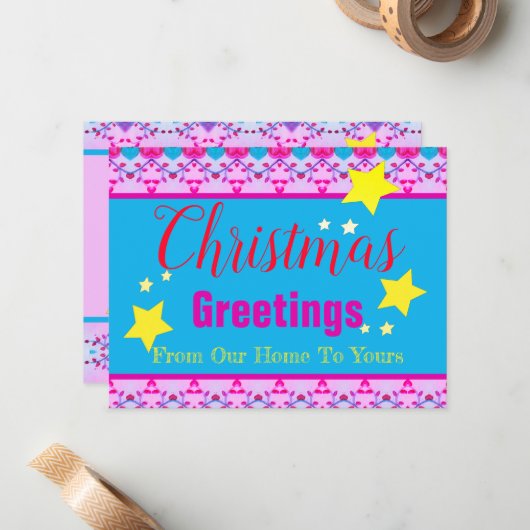 Helder roze met blauw notitiekaartje (Voorkant / Achterkant in situ)