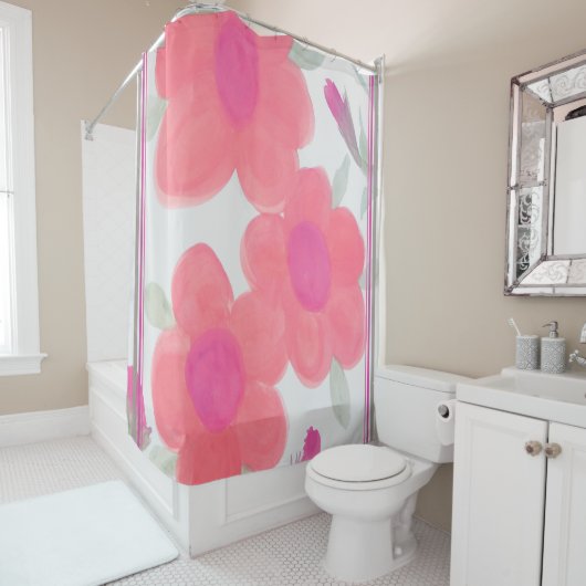 Helder roze met groen douchegordijn (In situ)