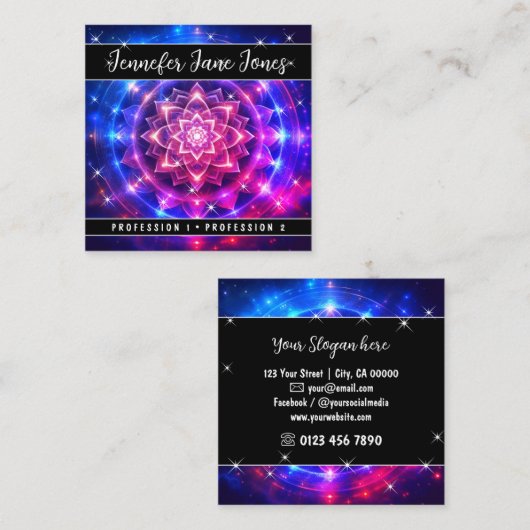 Helder roze Mystic Floral Nebula Glitter Sterren Vierkante Visitekaartje (Voorkant / Achterkant)