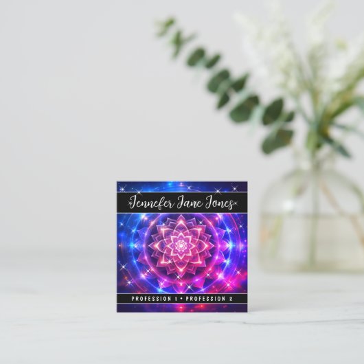Helder roze Mystic Floral Nebula Glitter Sterren Vierkante Visitekaartje (Staand voorkant)
