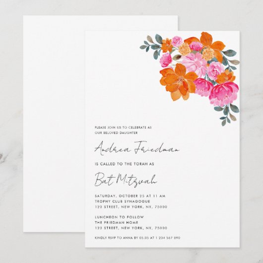 Helder roze oranje bloemrijke levendige Bat Mitzva Kaart (Voorkant / Achterkant)