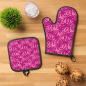Helder roze palmpatroon ovenwant & pannenlap set (Top down)
