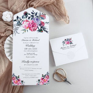 Helder Roze Pioen Bloemige Monogram Elegante Trouw All In One Uitnodiging