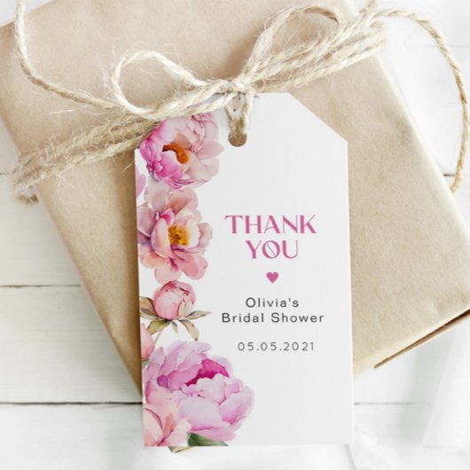 Helder roze pioen bruidsdouche bedankt cadeaulabel
