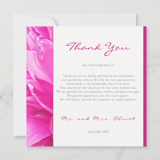 Helder roze pioen bruiloft dank u kaart (Achterkant)
