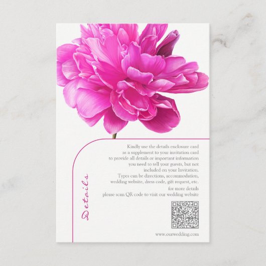 Helder roze pioen bruiloft details informatiekaartje (Voorkant)