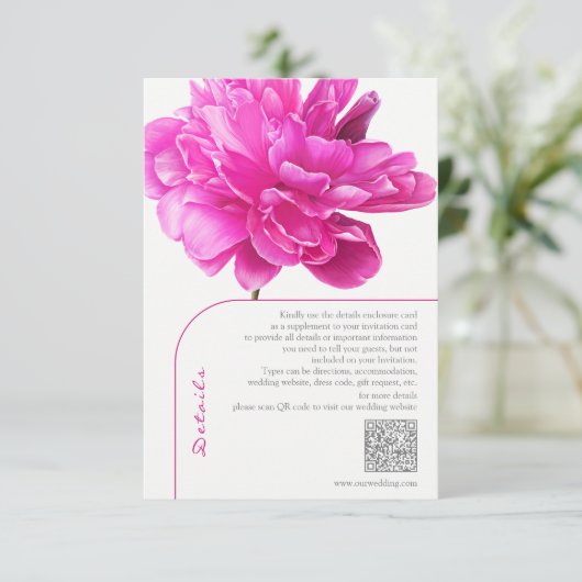 Helder roze pioen bruiloft details informatiekaartje (Staand voorkant)