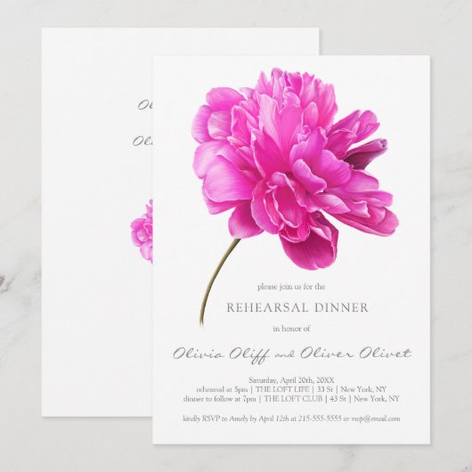 Helder roze pioen repetitie diner kaart (Voorkant / Achterkant)