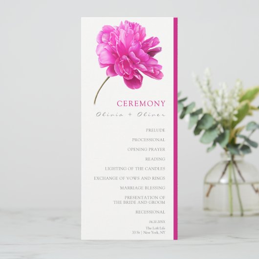 Helder Roze Pioen Trouw Programmakaart (Staand voorkant)
