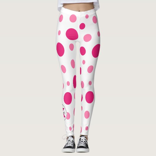 Helder Roze Polka Dots Aangepaste Naam & Monogram Leggings (Voorkant)