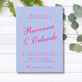 Helder Roze Retro Blauw Roze Streep Bruiloft Kaart