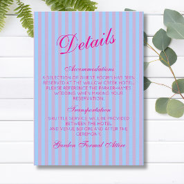 Helder Roze Retro Blauw Roze Streep Huwelijksdetai Informatiekaartje