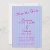 Helder Roze Retro Blauwe Roze Streep Bruiloft Save The Date (Voorkant)