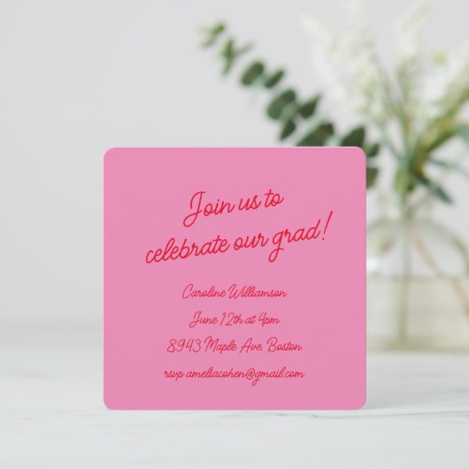 Helder Roze Rood Script Foto Chic Graduation Party Kaart (Staand voorkant)